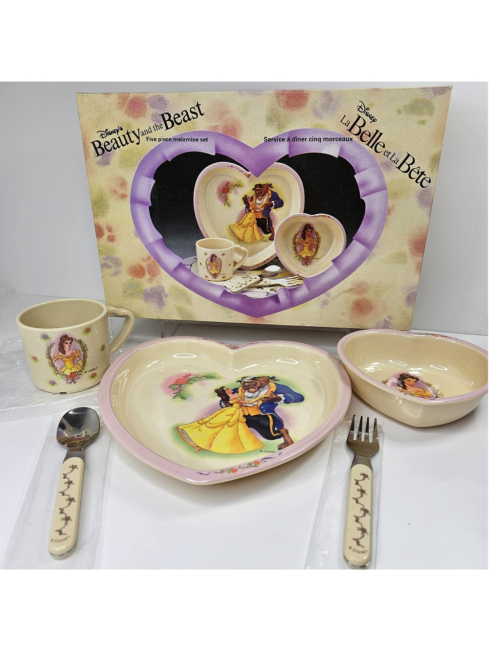 VTG 90's Disney Beauty & the Beast Selandia Melamine 5 Pieces Plate Bowl Cup Set